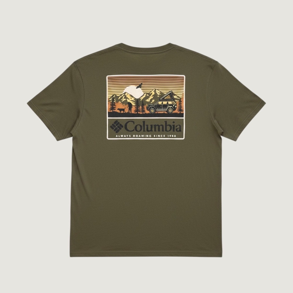 Columbia Mens Graphic T-Shirt Olive Green Large Always Roaming Mountain Camper